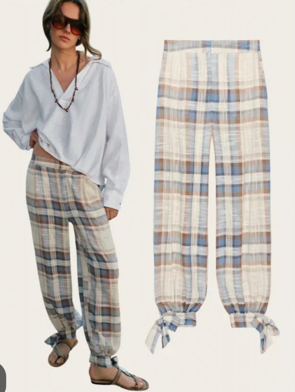 Zara NWT checkered Ballon Pants, Bow Cuff, Boho, Small